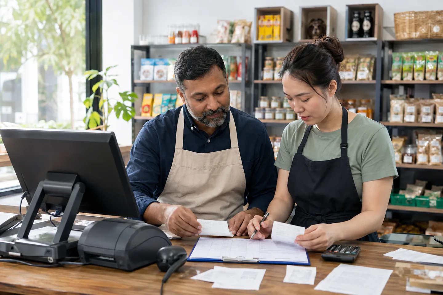 Shop owner and cashier comparing billing records and receipts at the checkout counter