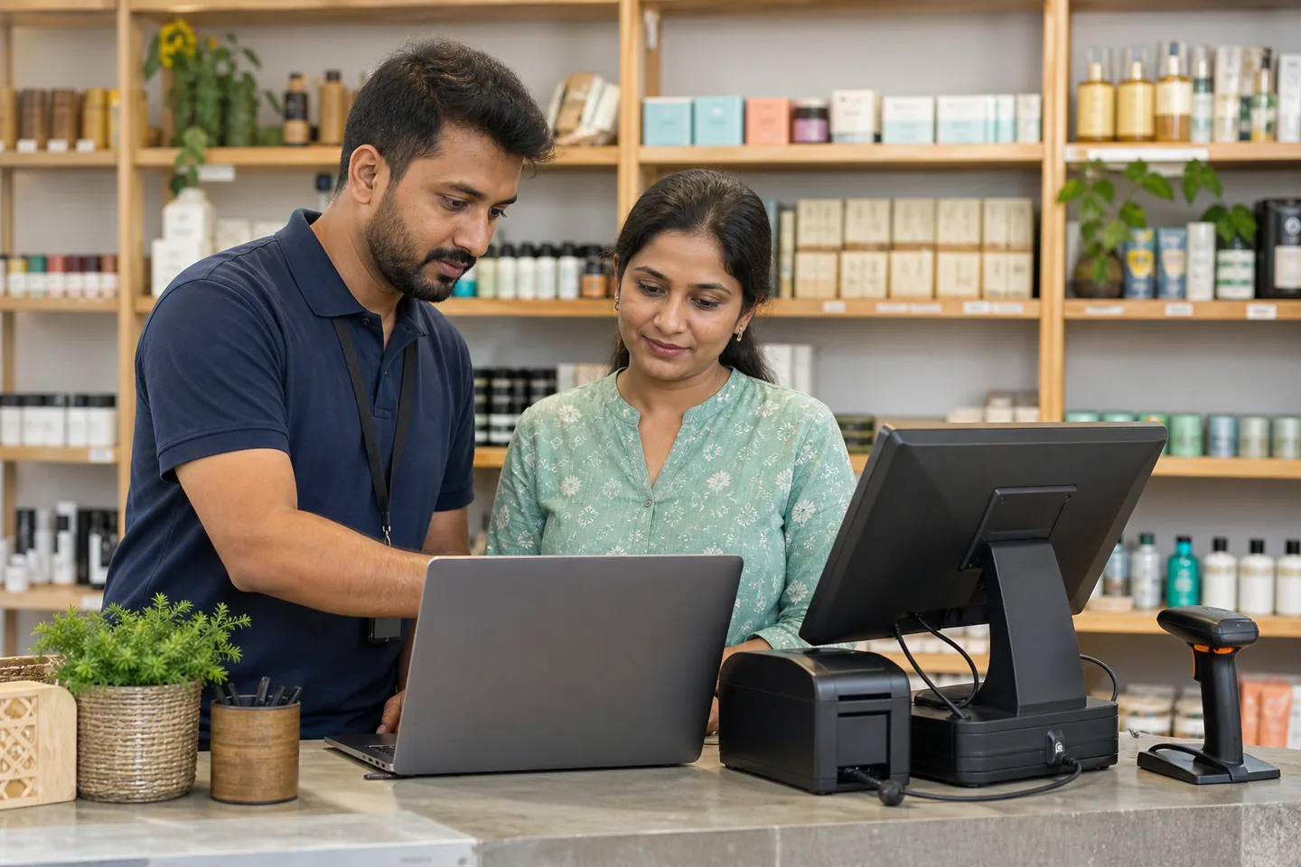 Shop owner and technician checking a laptop beside a POS terminal, receipt printer and barcode scanner