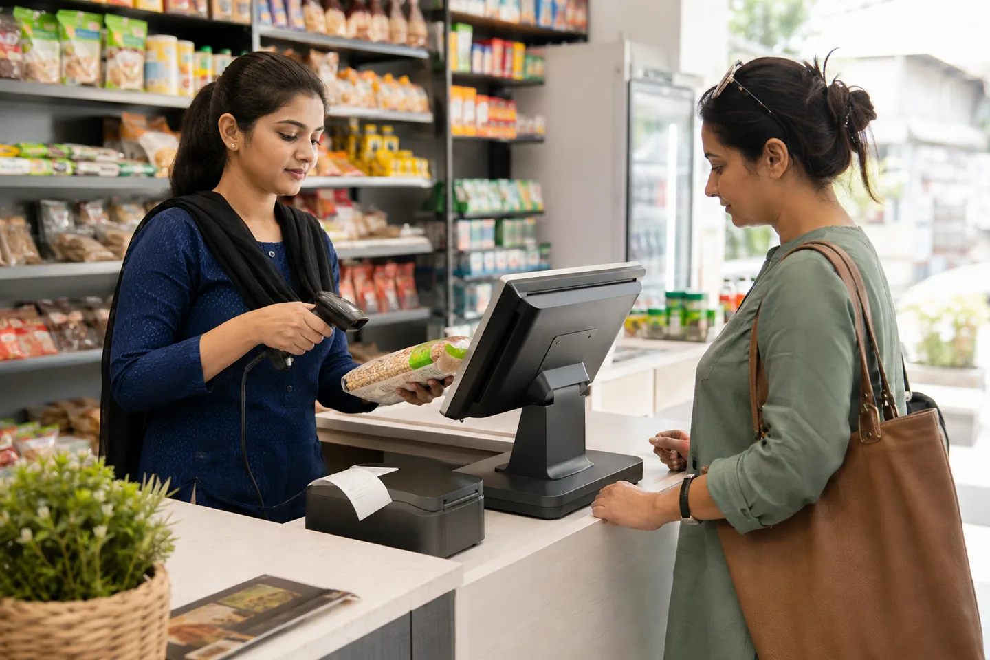 Cashier scanning an item for a customer at a shop counter with a POS terminal and receipt printer