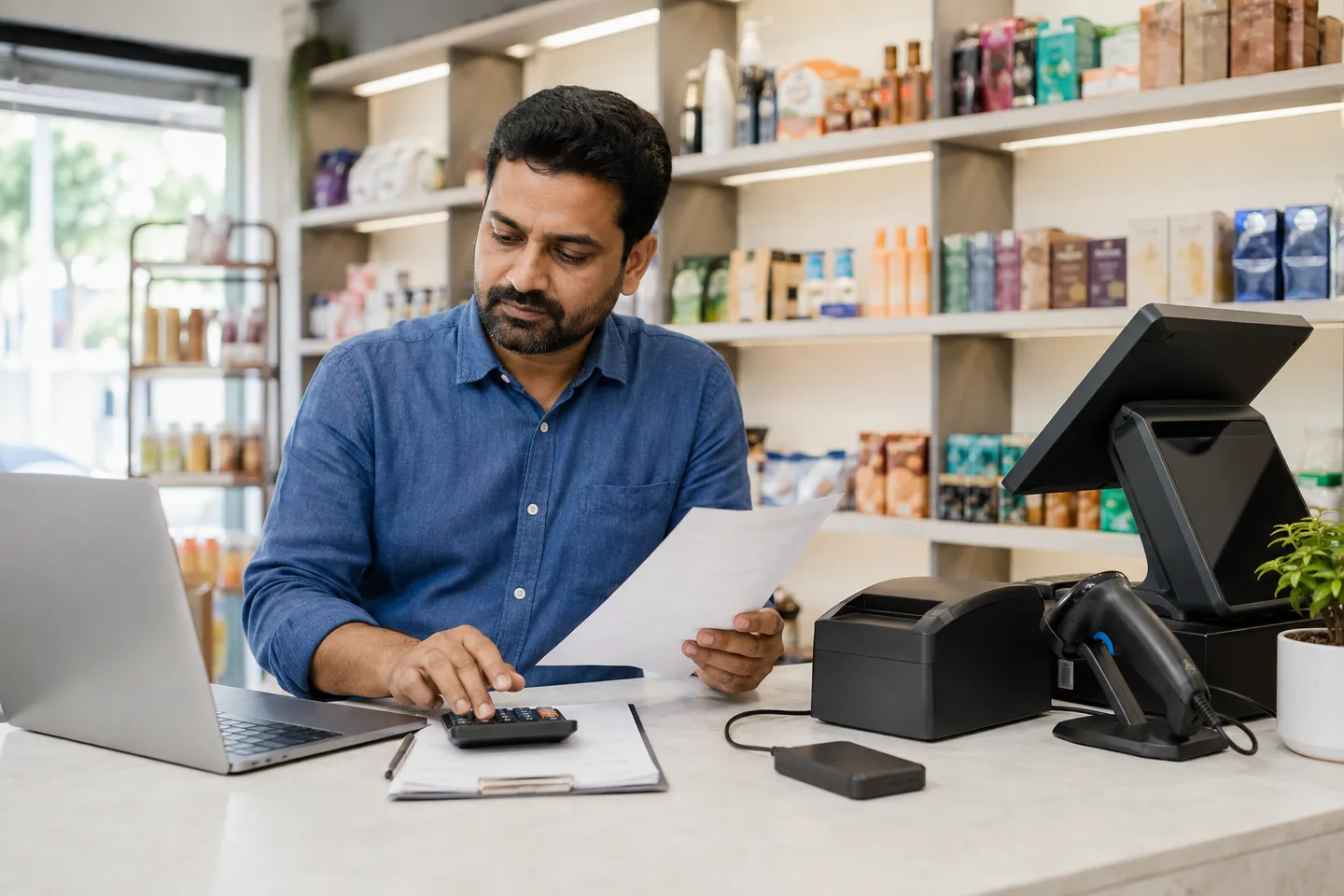 Shop owner comparing a printed operating-cost plan beside a laptop, POS terminal, receipt printer, barcode scanner and backup drive