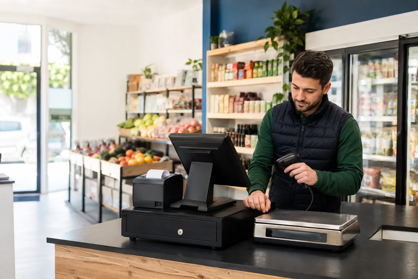 Shop operator checking a POS terminal, receipt printer, barcode scanner, cash drawer and weighing scale at a retail counter