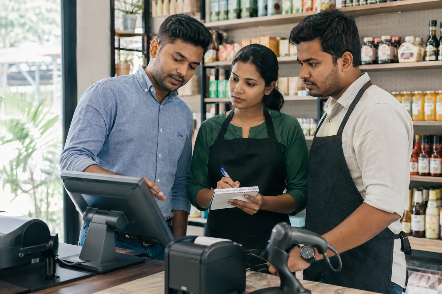 POS implementation specialist training shop staff beside checkout equipment