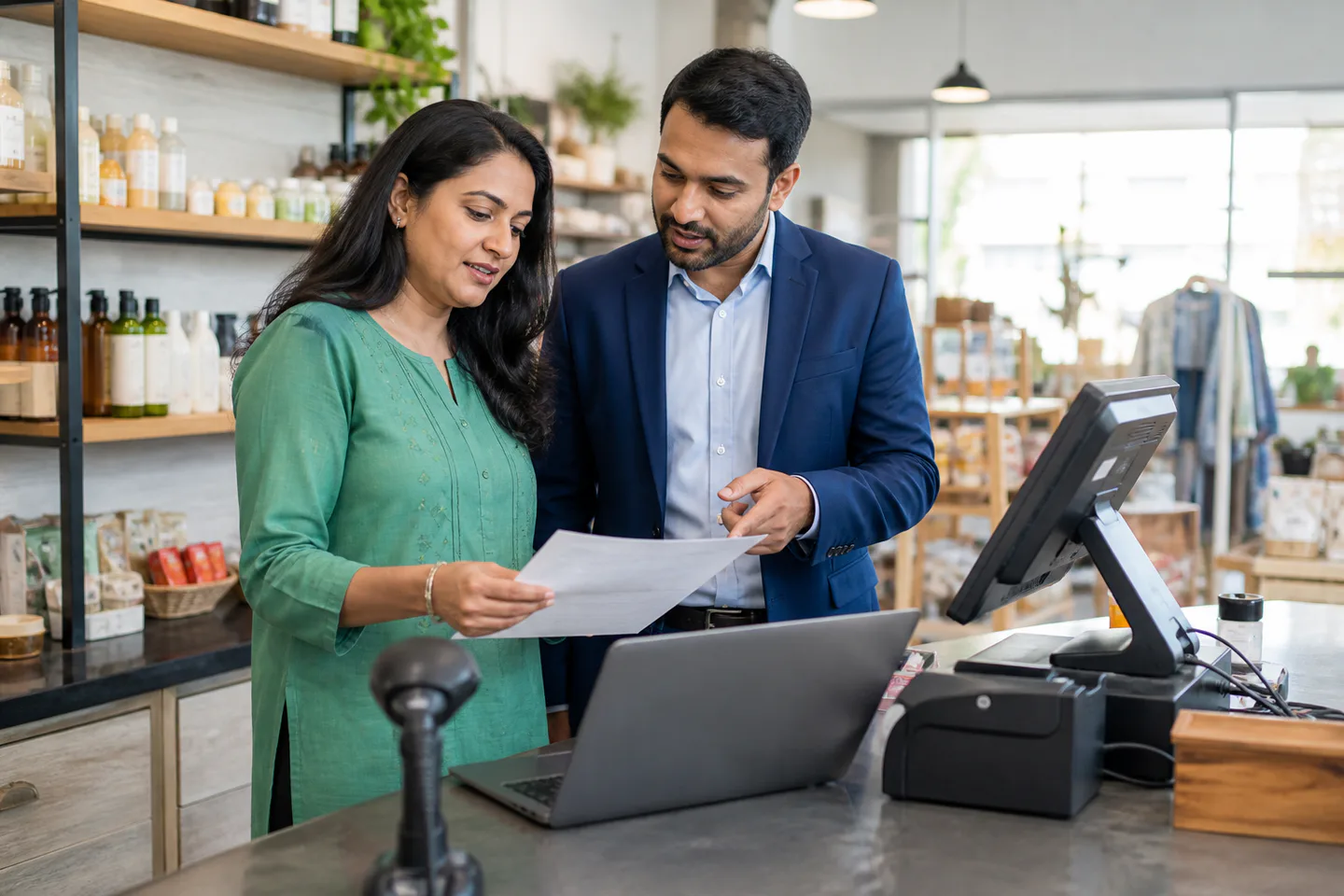 Shop owner and POS consultant reviewing a rollout plan beside checkout equipment