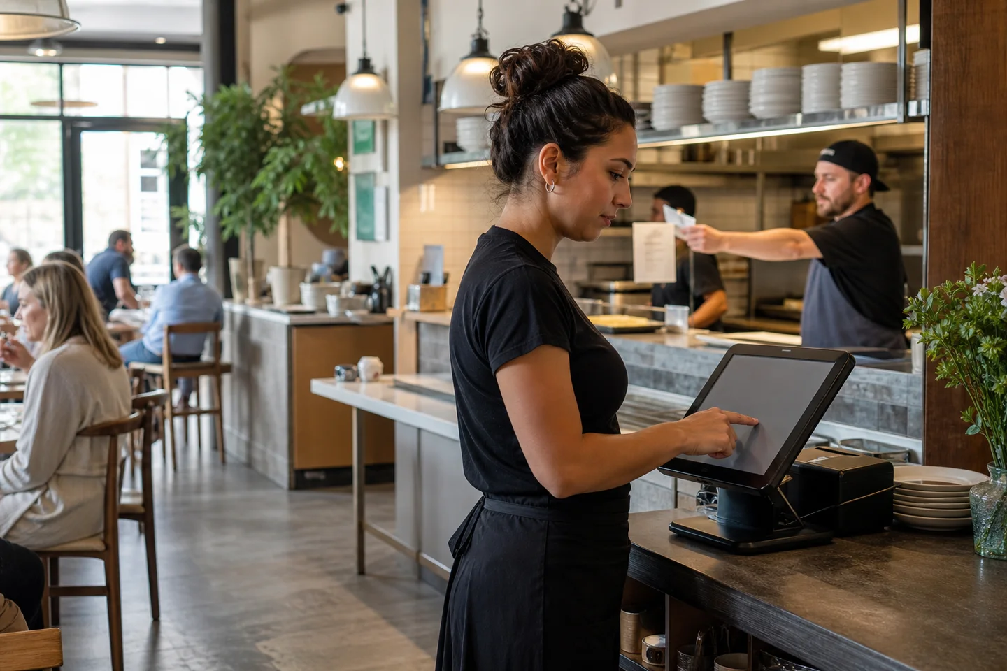 Restaurant server entering an order at a POS beside the kitchen handoff