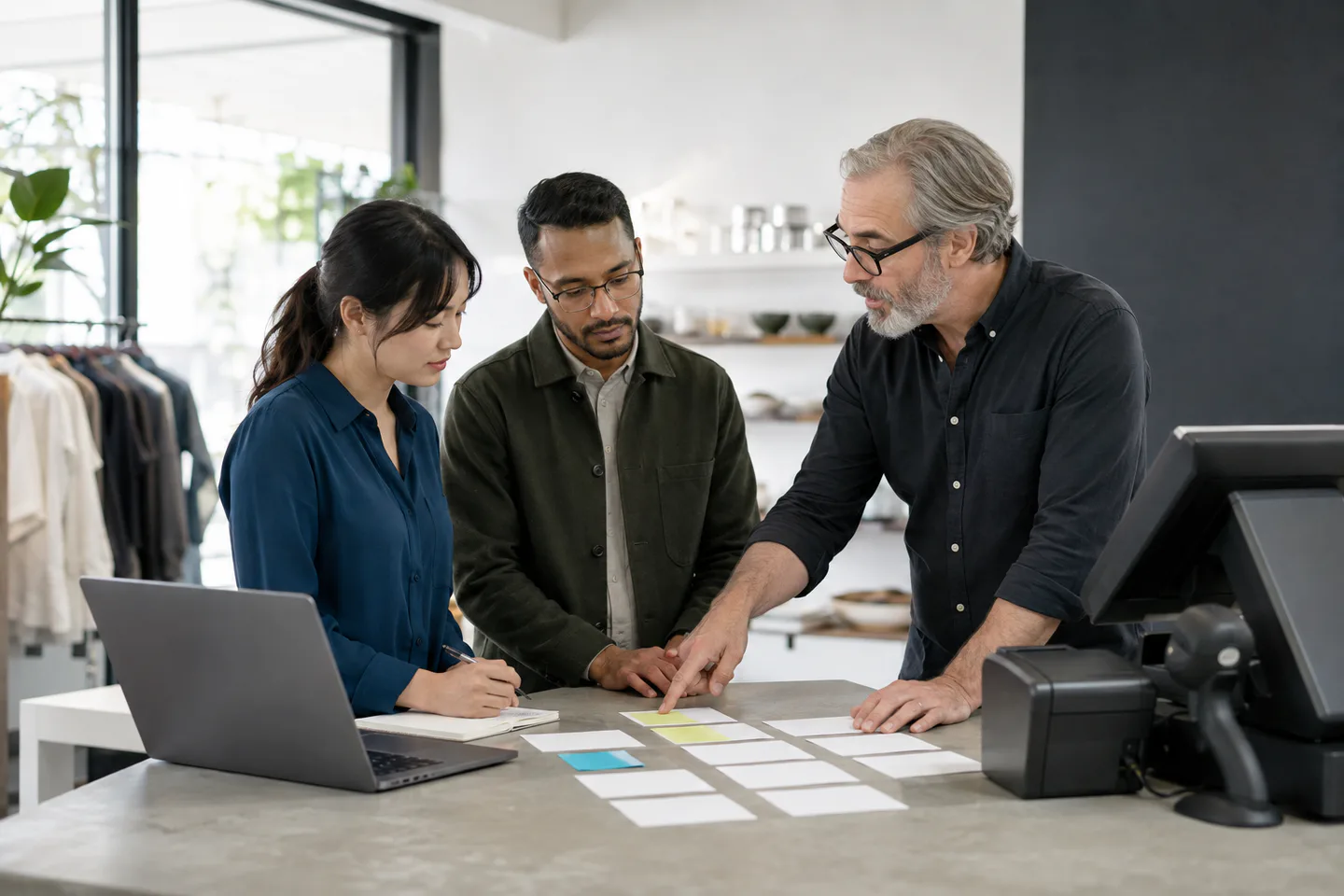 Shop owner and product team reviewing point-of-sale workflow priorities beside a retail counter