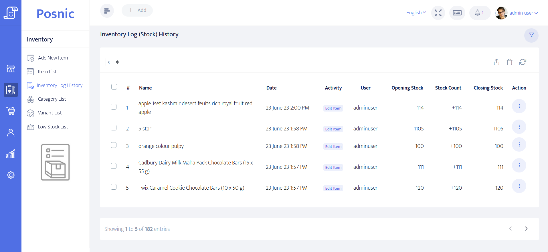 Posnic inventory stock movement history