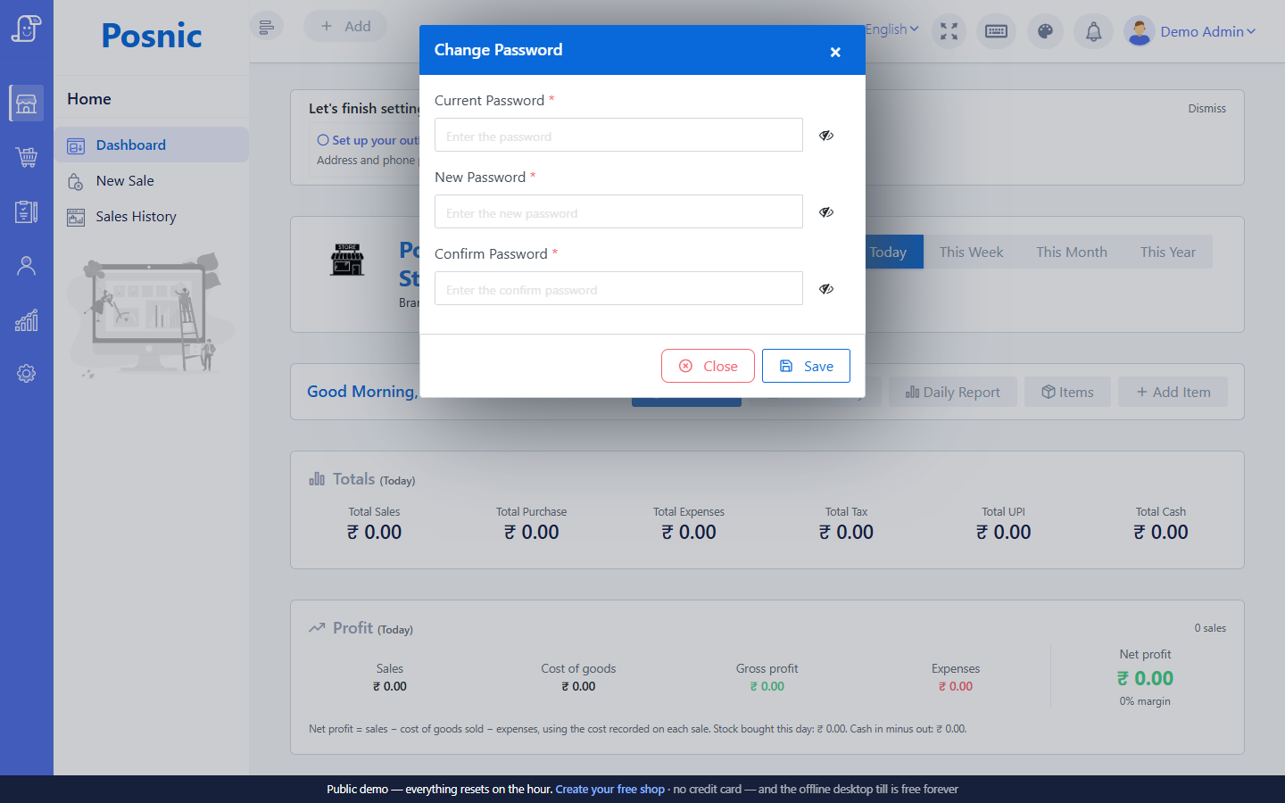 Live Posnic Change Password dialog with current new and confirm password fields