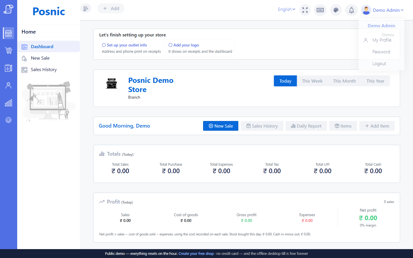 Live Posnic user menu with My Profile Password and Logout actions