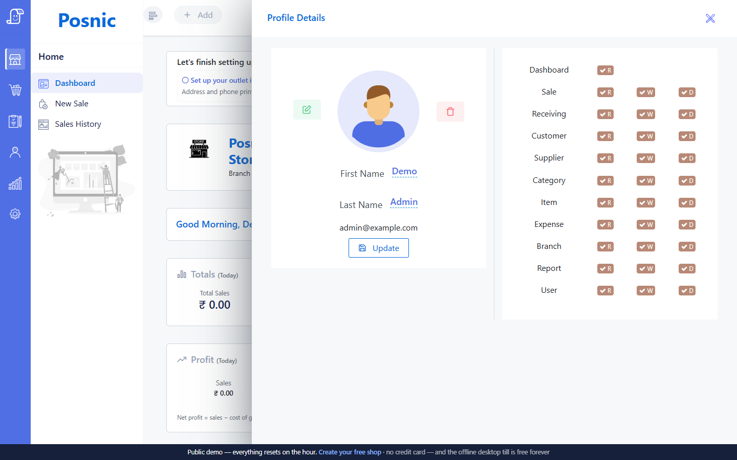 Live Posnic Profile Details drawer with editable name photo and read-only permission badges