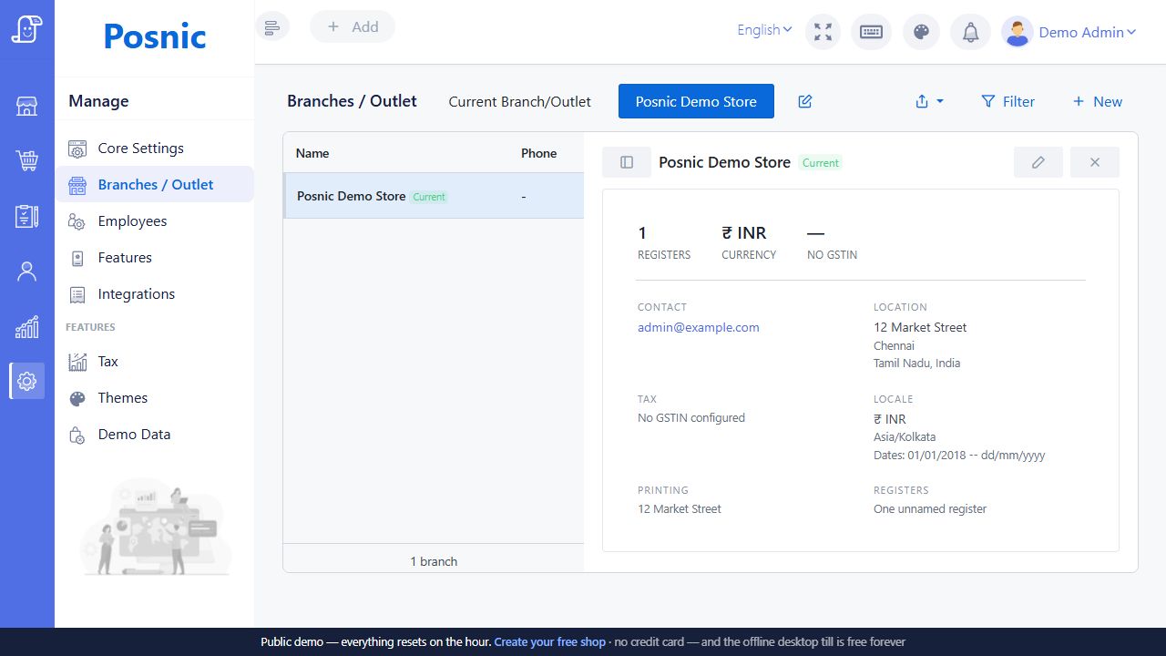 Live Posnic branch detail pane showing current badge register count currency contact location tax locale printing and registers