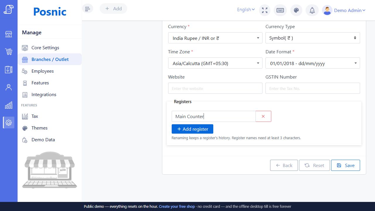 Live Posnic Edit Branch registers area with Main Counter register row add register reset back and save controls