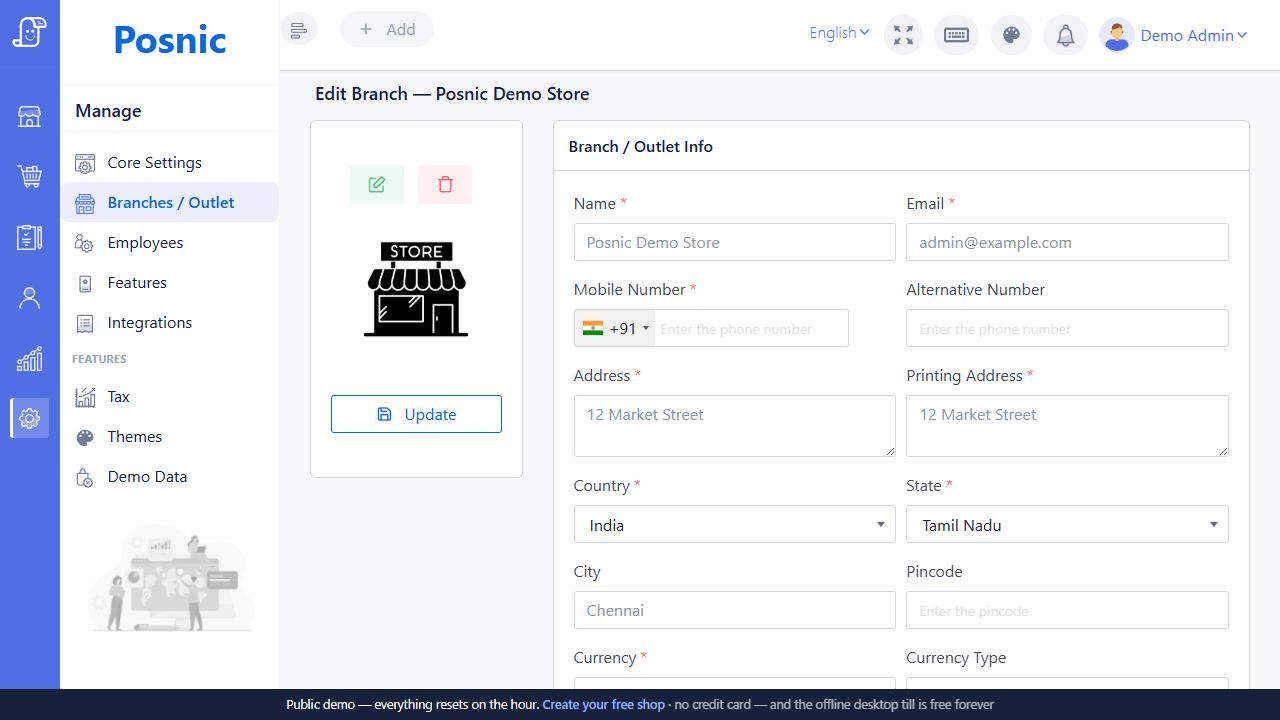 Live Posnic Edit Branch page with branch logo and branch outlet information fields