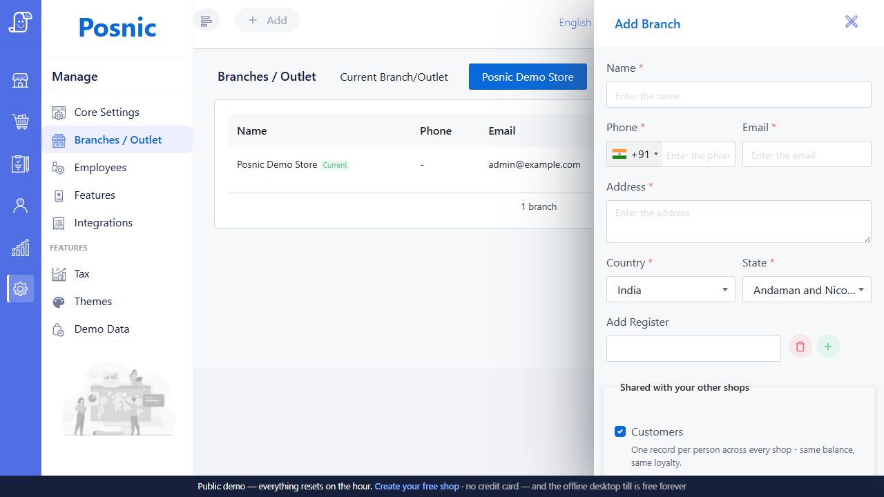 Live Posnic Add Branch drawer with name phone email address country state and add register fields