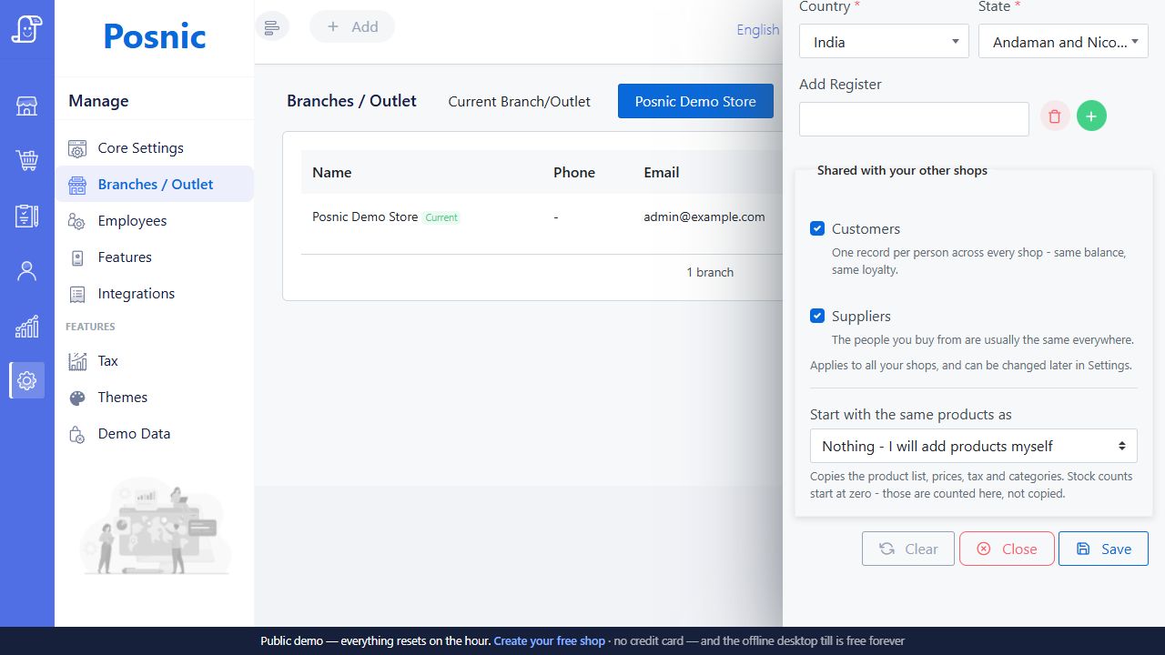 Live Posnic Add Branch lower drawer with Customers Suppliers sharing and product copy selector