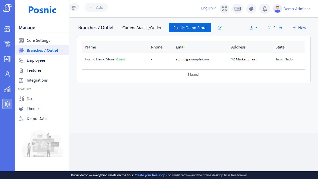 Live Posnic Branches and Outlet list with current branch selector export filter new and branch row
