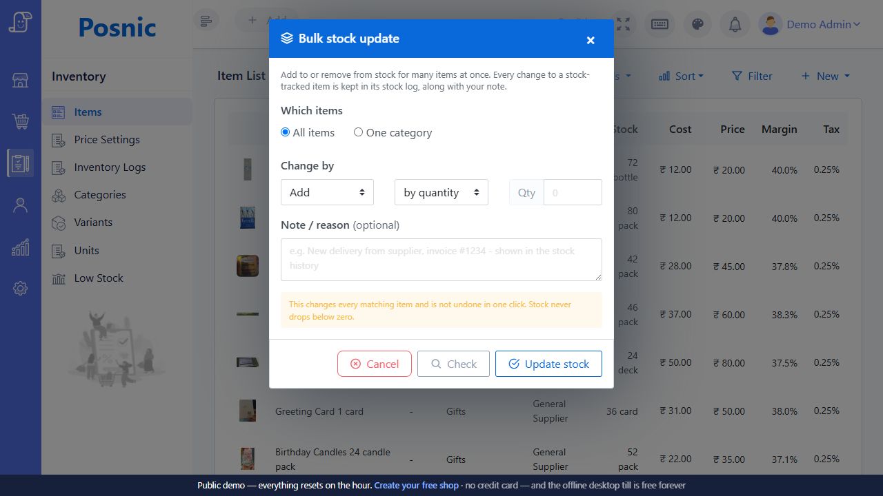 Live Posnic Bulk stock update dialog with scope direction quantity or percent and reason
