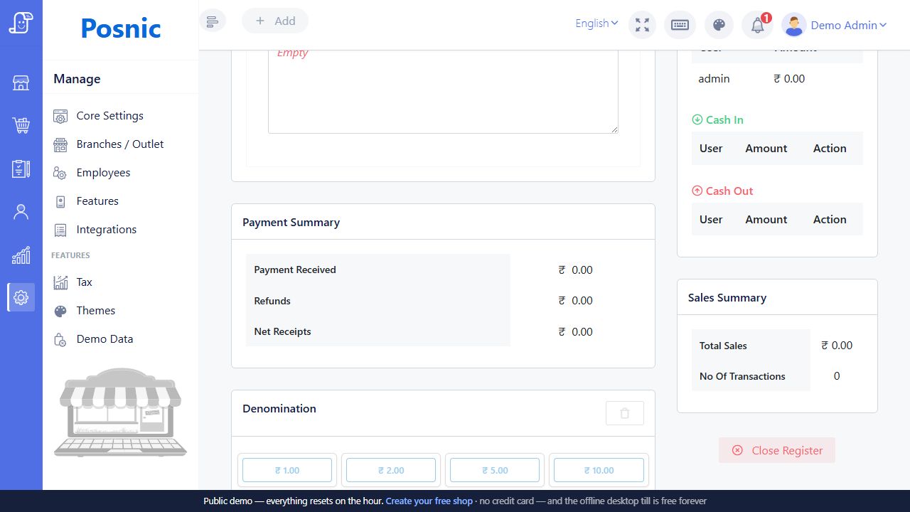 Live Posnic Cash Register lower view with Payment Summary Denomination Cash In Cash Out Sales Summary and Close Register button