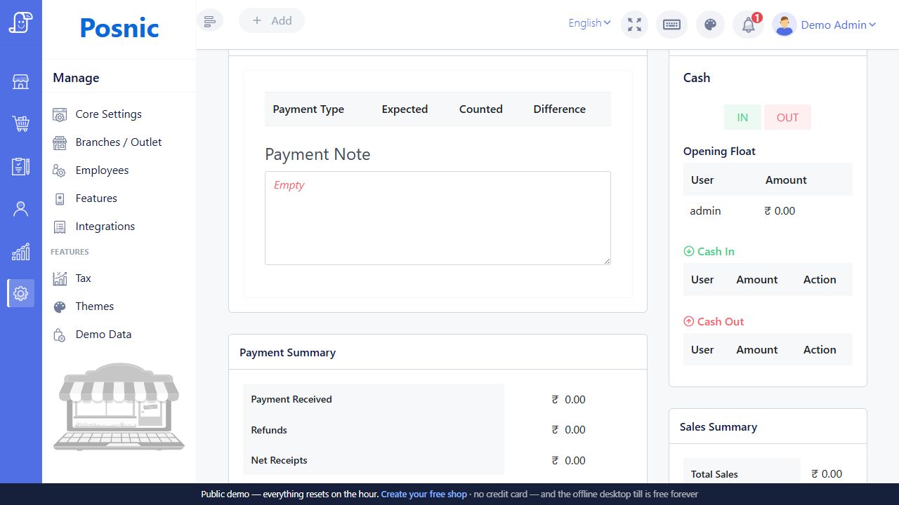Live Posnic Cash Register payment note payment summary and cash details area