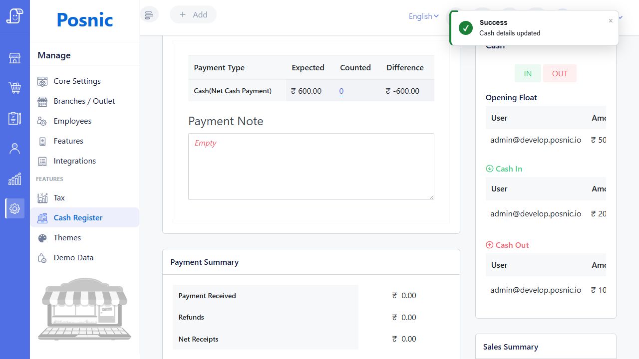 Current Posnic Cash Register showing saved Cash In 200, Cash Out 100, expected cash 600 and Cash details updated success message