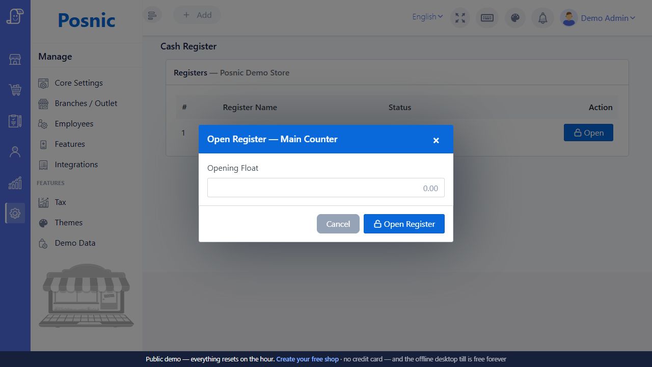 Live Posnic Open Register modal for Main Counter with opening float field