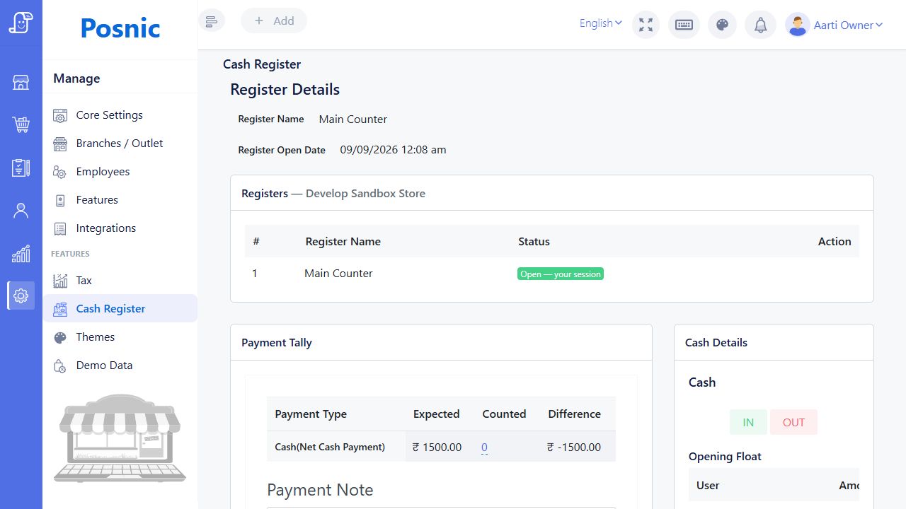 Current Posnic open Cash Register session with Main Counter open badge payment tally and cash details