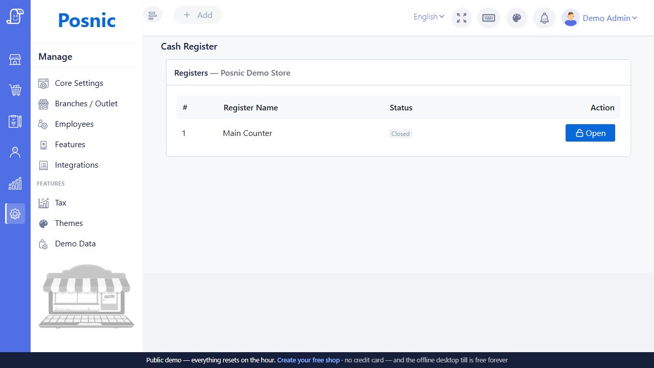Live Posnic Cash Register overview with Main Counter register closed and Open action