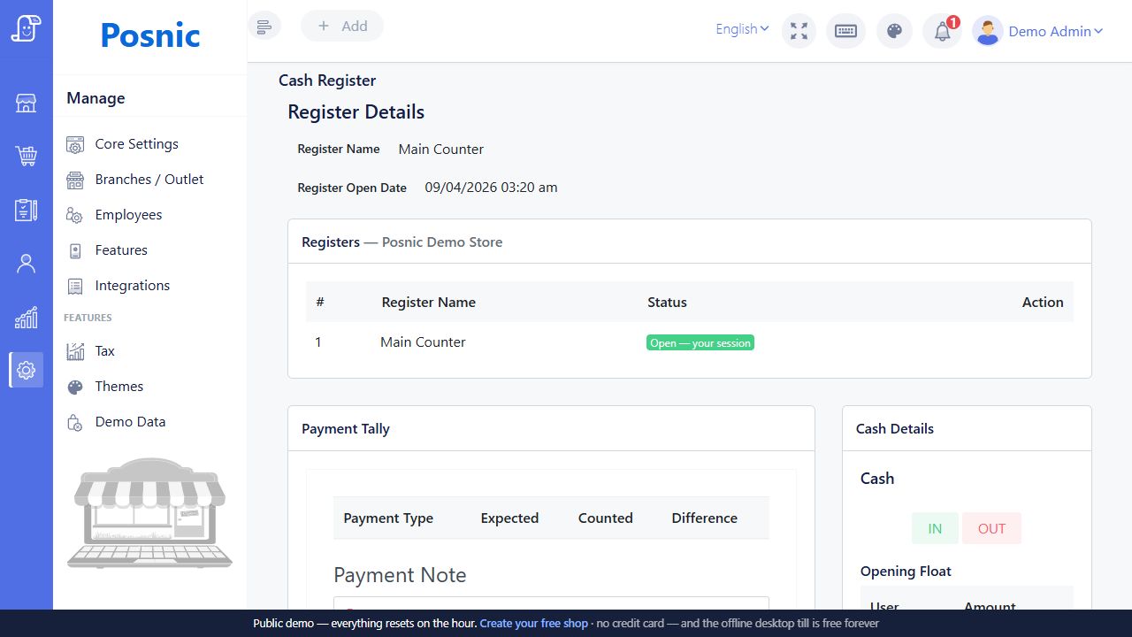 Live Posnic Cash Register session with Register Details register row Payment Tally and Cash Details