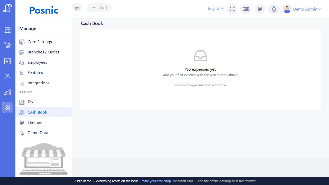 Cash Book page shown after enabling the feature