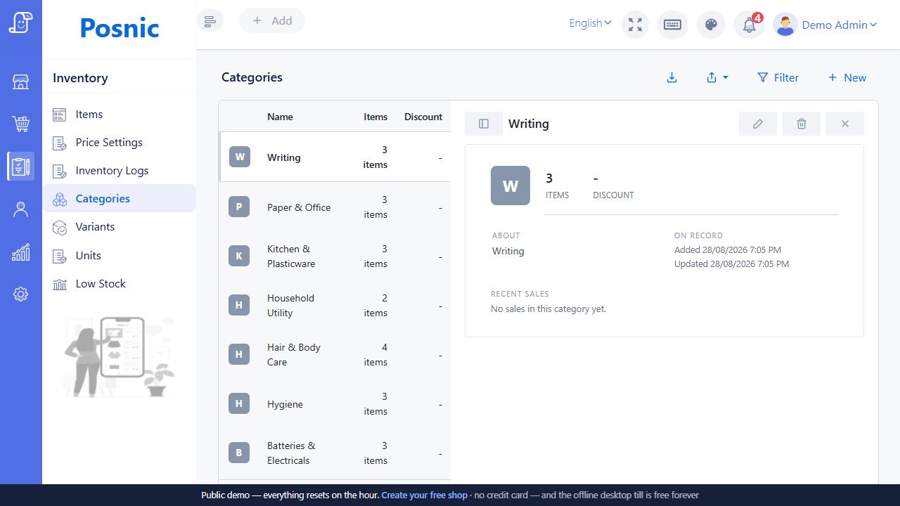 Live Posnic Categories page showing category rows, item counts, discount column and detail pane