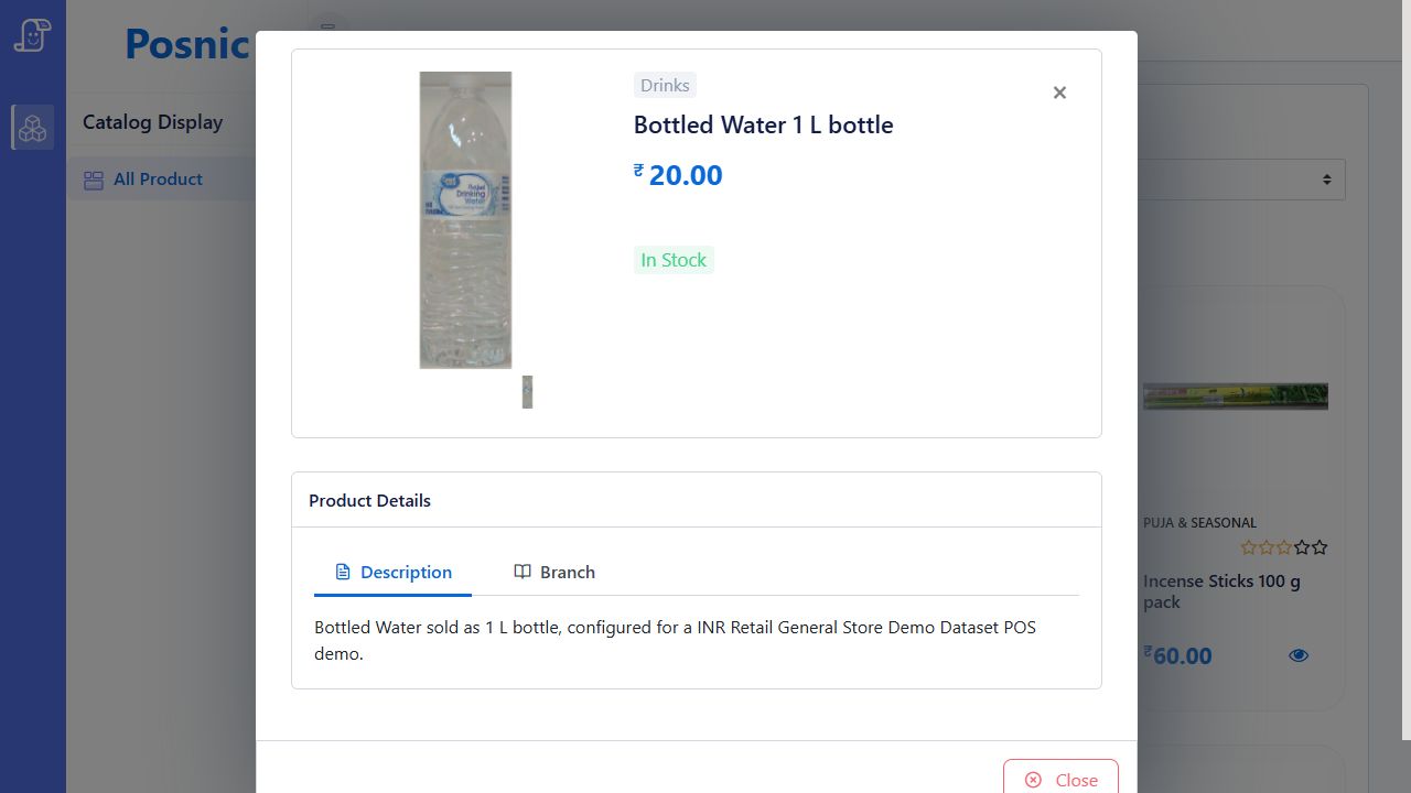 Live Posnic Catalog Display product detail modal showing image category price in stock status description tab and branch tab