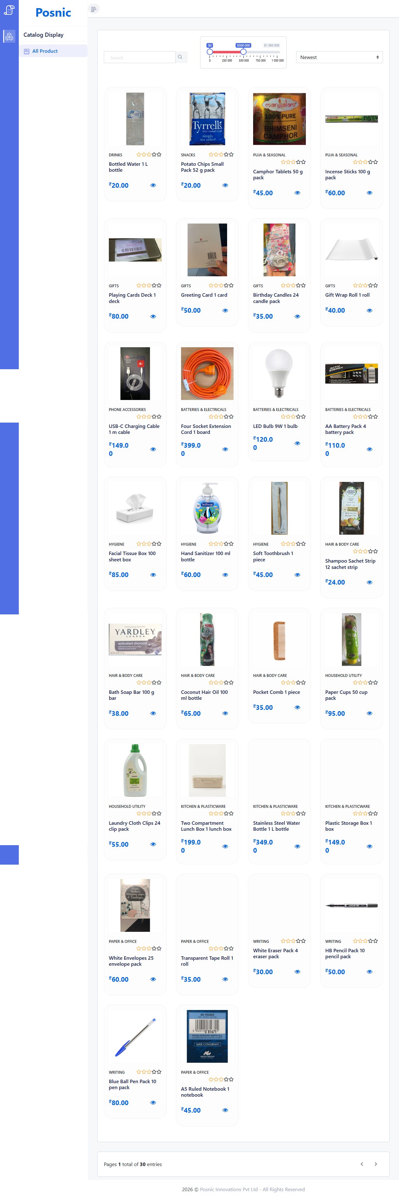 Live Posnic Catalog Display with search price slider sort dropdown product cards images categories prices and pagination