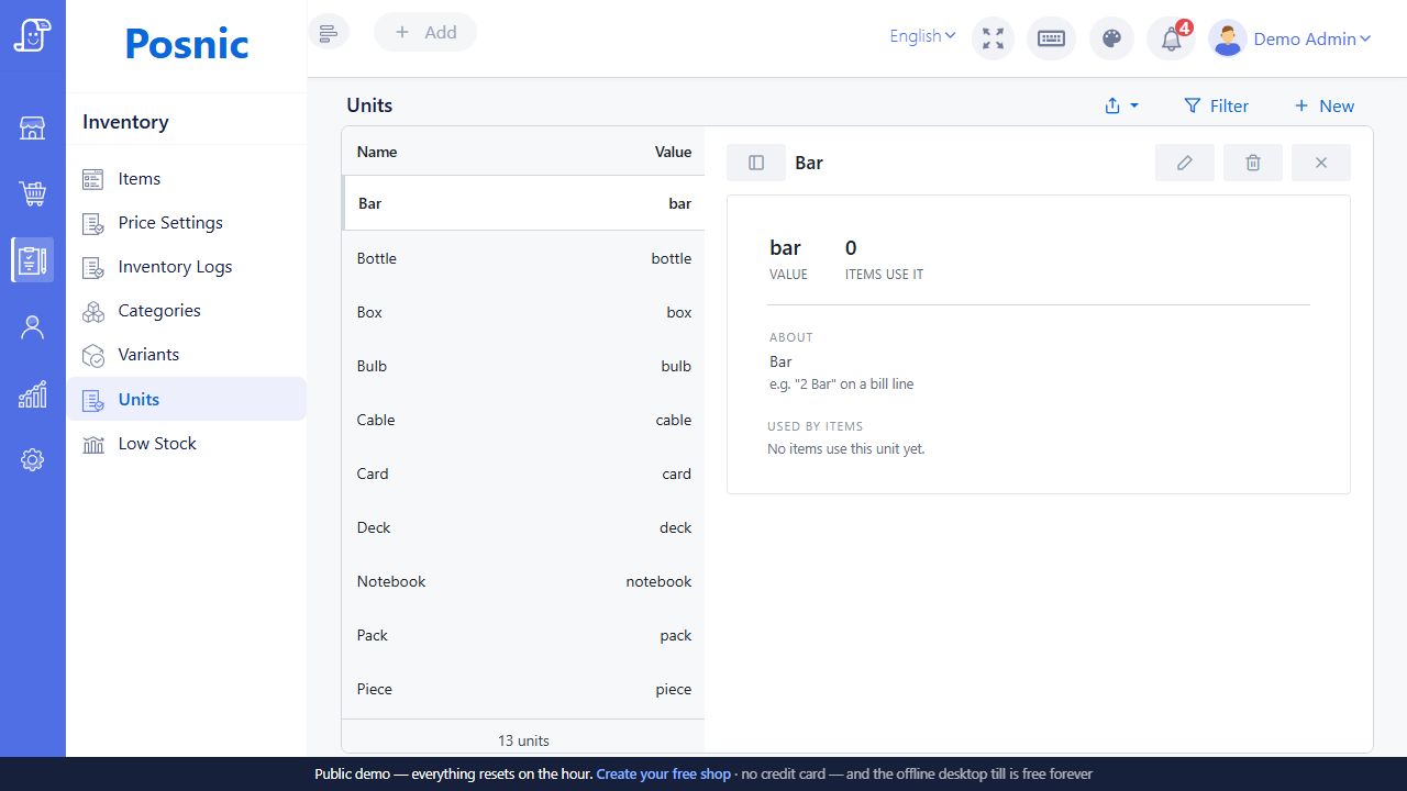 Live Posnic Units page with unit list, selected unit detail and used-by-items summary
