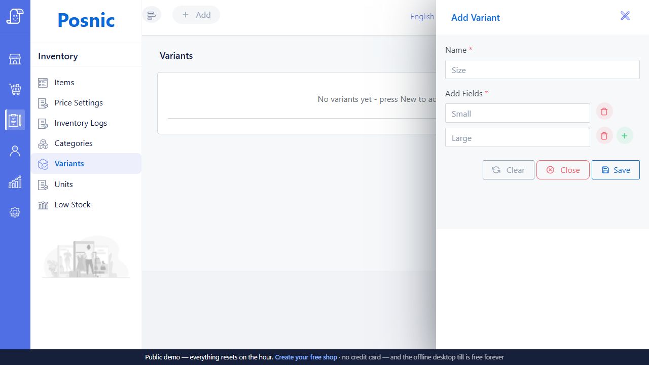 Live Posnic Add Variant panel with Size name and Small and Large fields