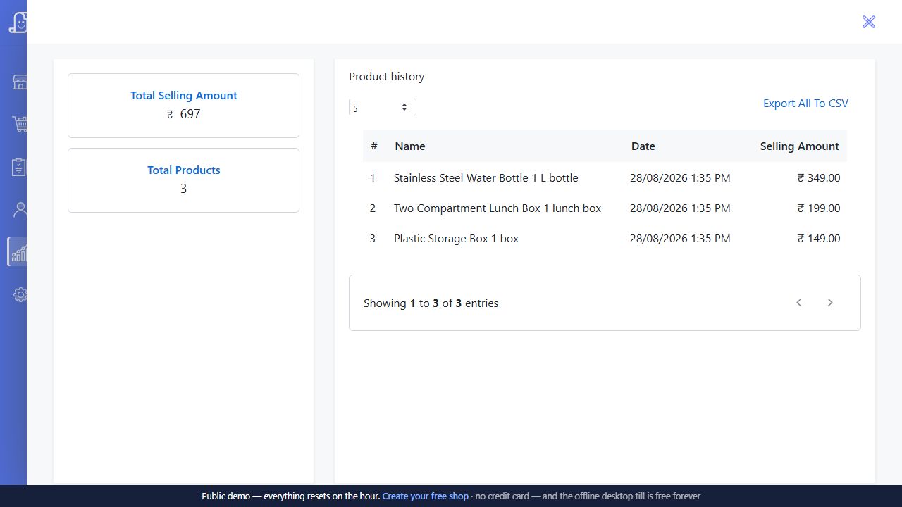 Live Posnic category product-history drawer with total selling amount product count names dates and prices