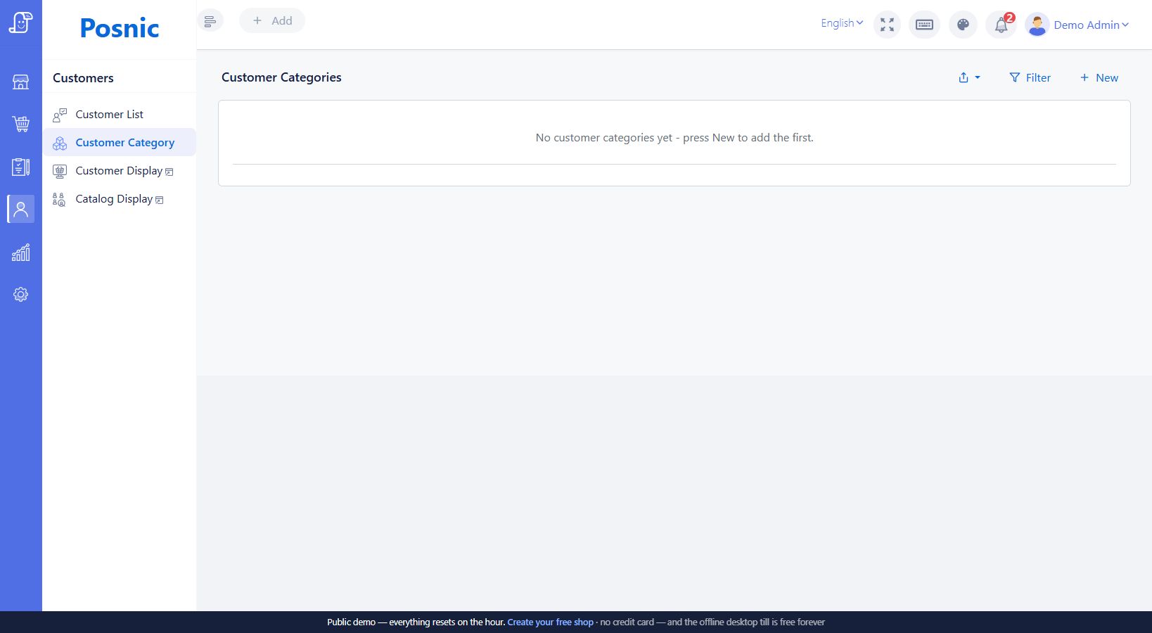 Customer Categories list with export filter and New controls in the Posnic demo