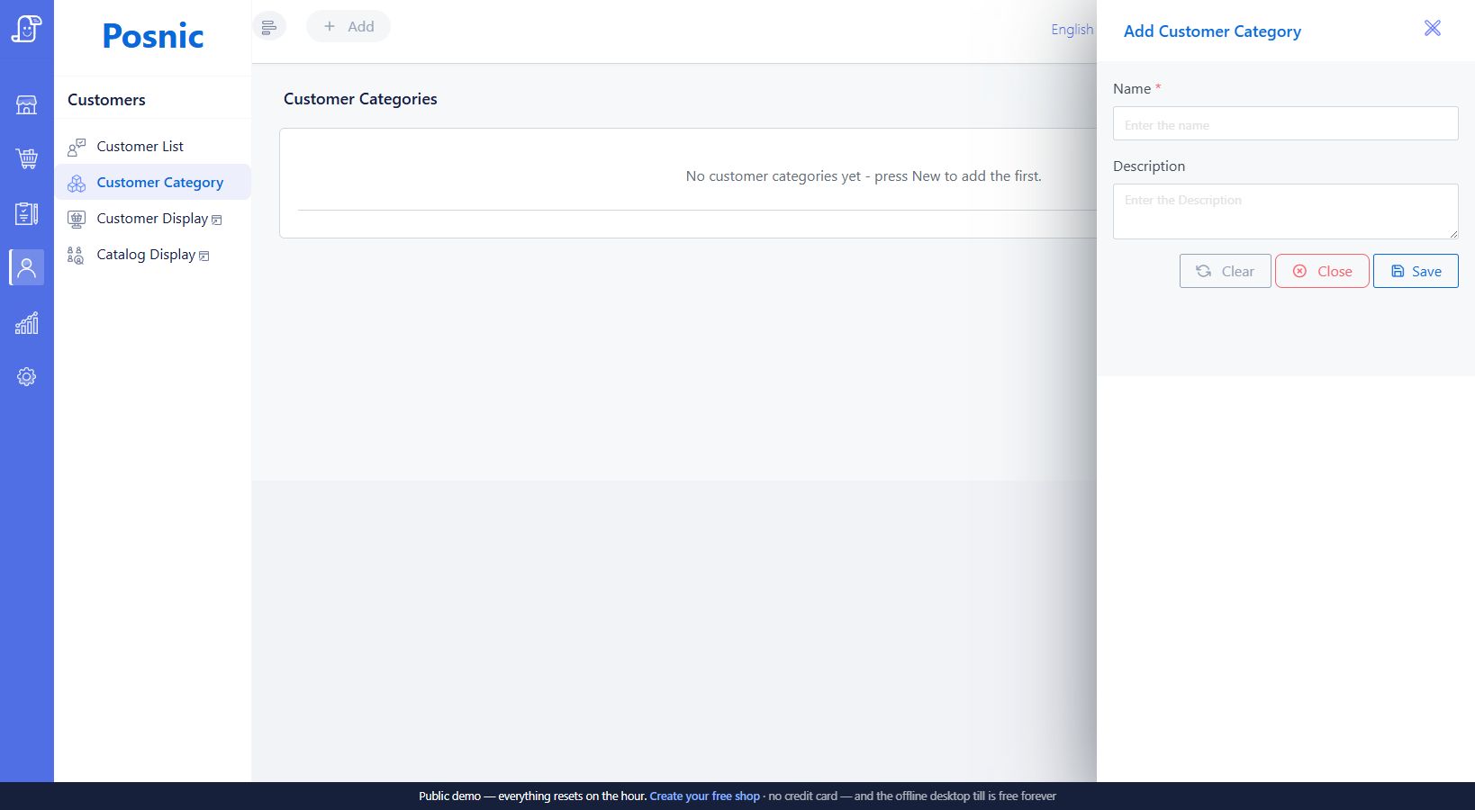 Add Customer Category panel with name and description fields in the Posnic demo