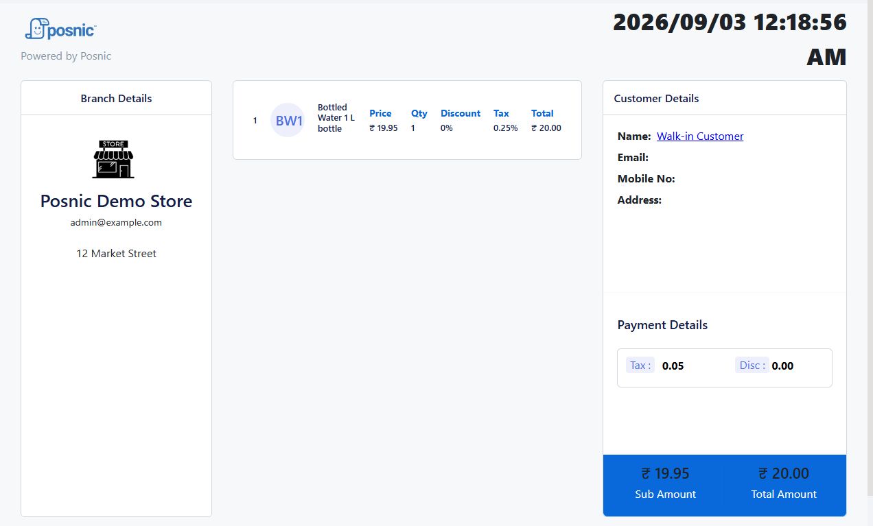 Live Posnic Customer Display showing branch details customer details one sale line tax discount subtotal and total