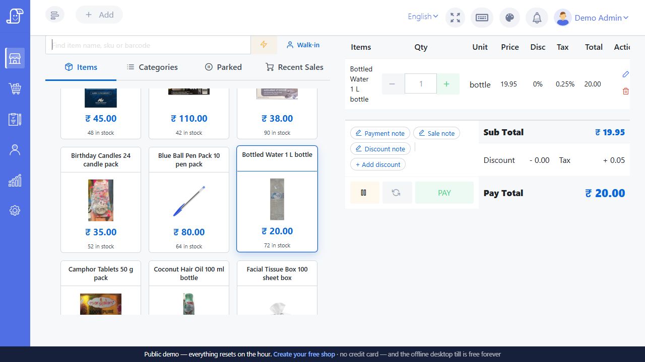 Live Posnic New Sale screen with Bottled Water in the cart and matching totals
