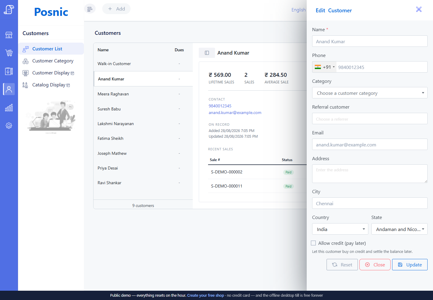 Live Posnic Edit Customer sidebar with name phone category referral email address location credit and update controls