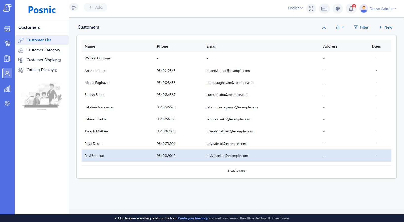 Customers list in the Posnic demo with import export filter and New controls