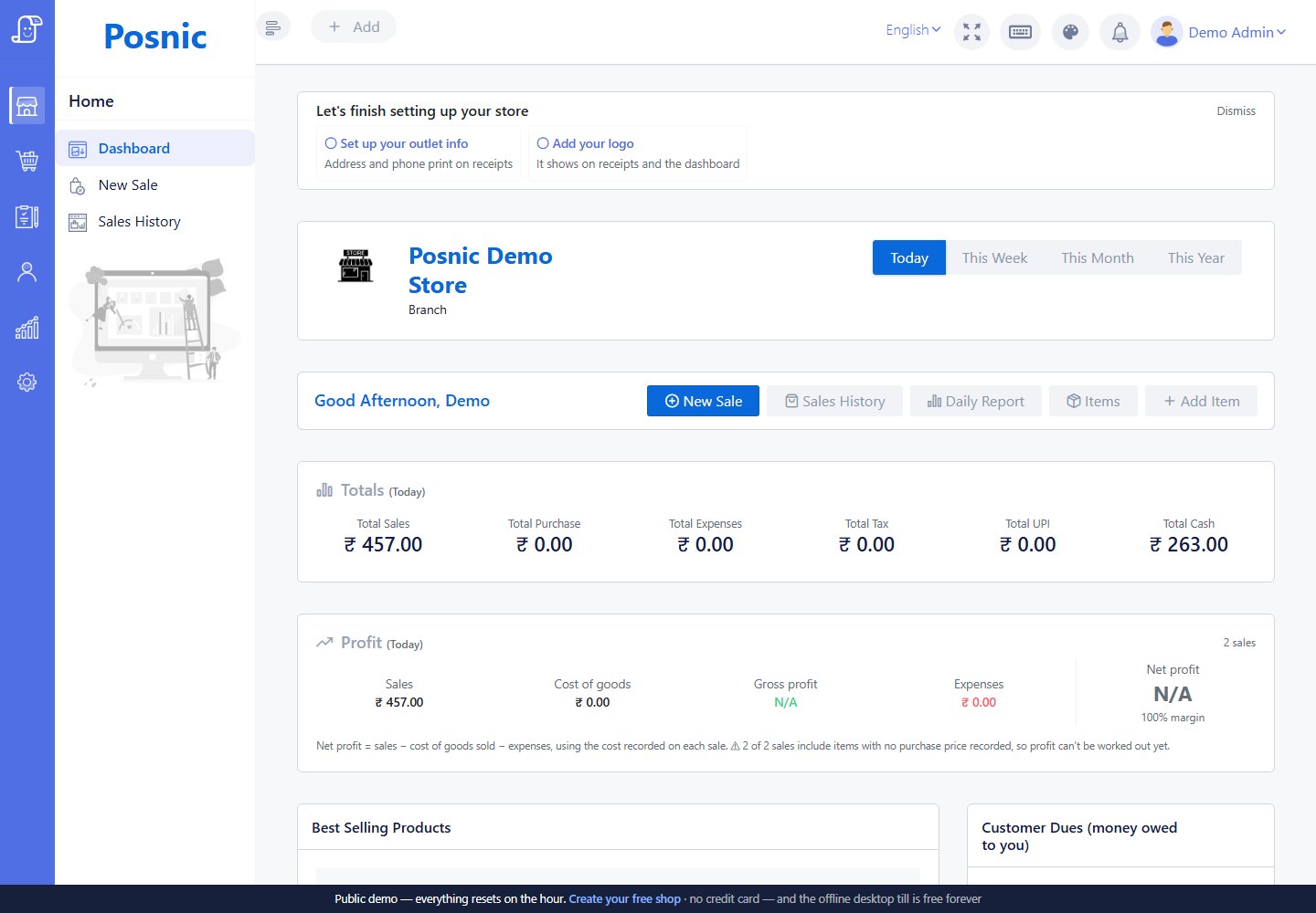 Posnic dashboard with setup steps, daily totals and owner shortcuts