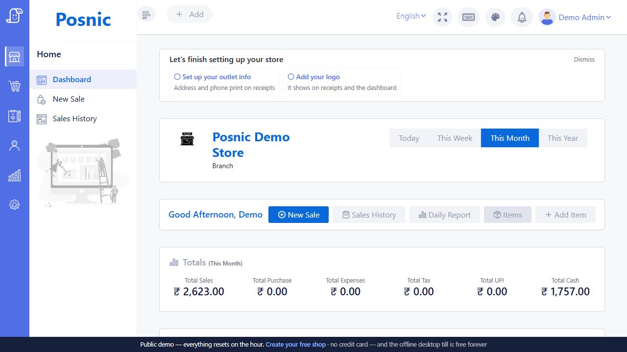 Live Posnic dashboard with This Month selected and monthly totals displayed