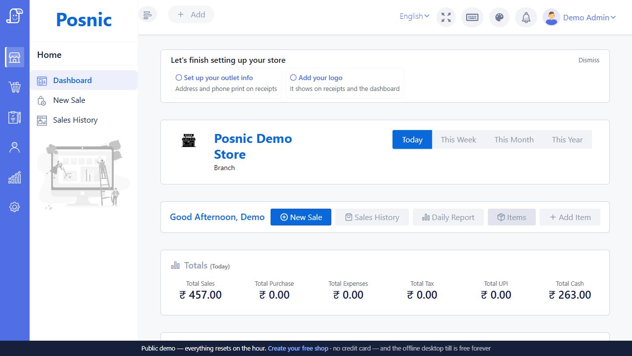 Live Posnic dashboard showing the greeting and New Sale Sales History Daily Report Items and Add Item quick actions
