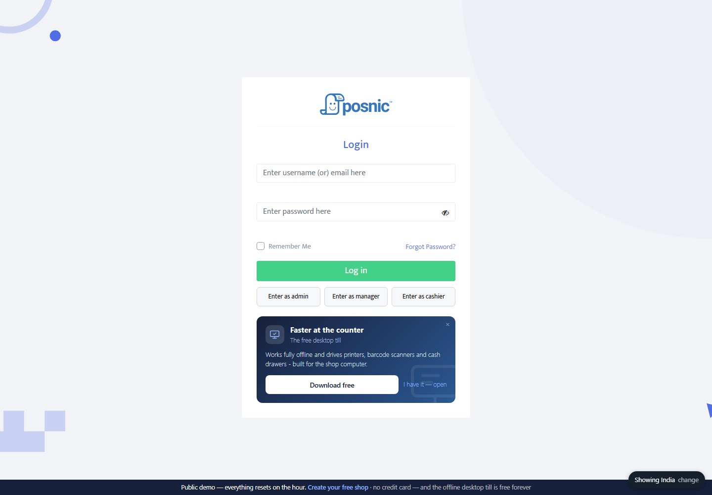 Posnic demo login screen