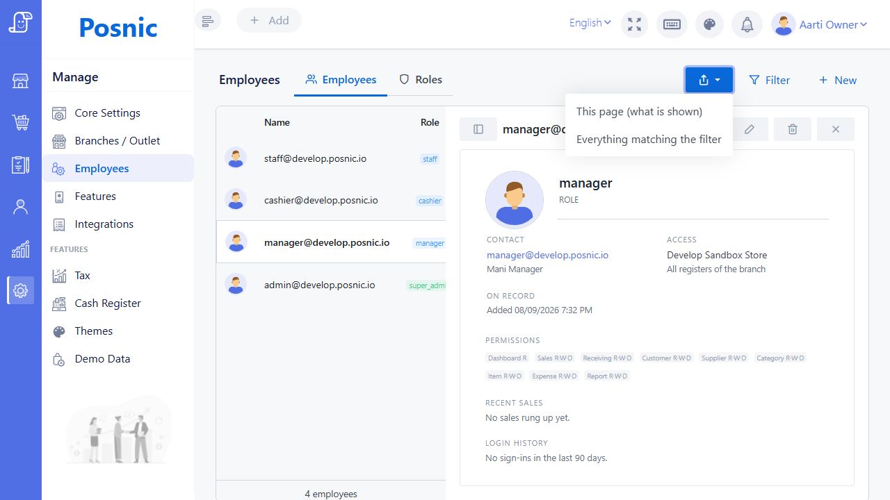 Current Posnic employee CSV menu with this page and everything matching the filter options