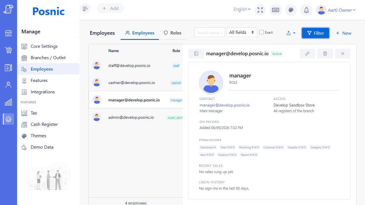 Current Posnic Employees list with name and email search filters open