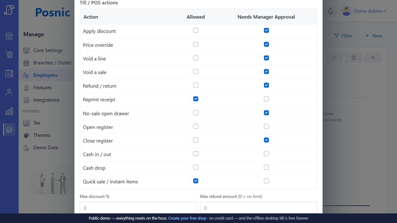 Live Posnic employee detail pane with branches permissions sales and login history