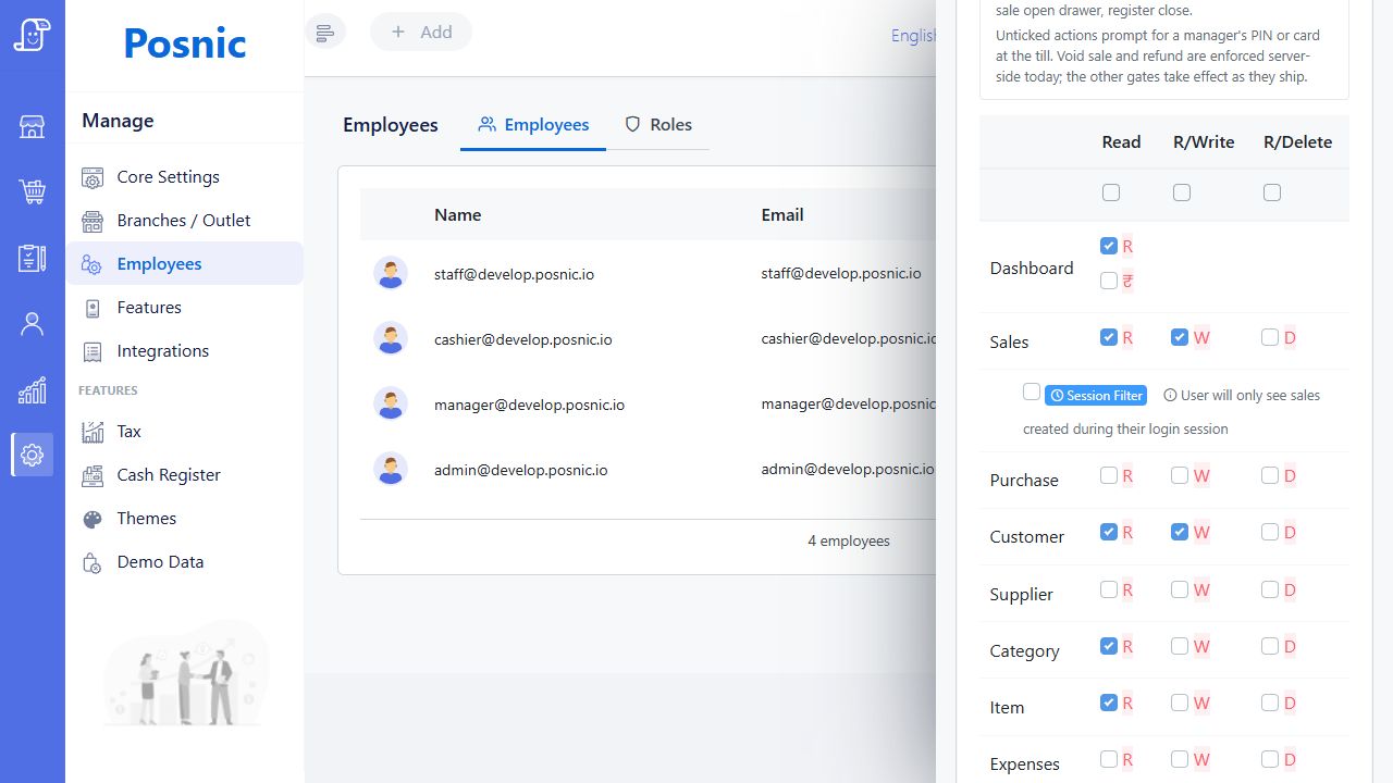 Current Posnic Add User permission matrix showing cashier module rights and Sales Session Filter