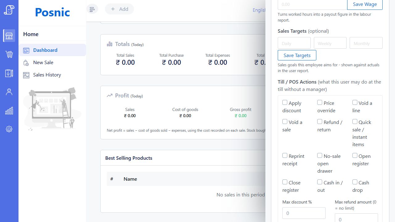 Current Posnic employee editor showing sales targets POS actions and approval limit fields