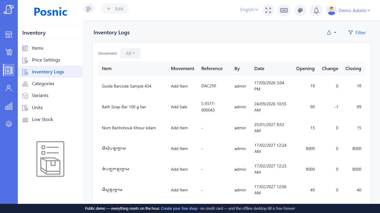 Posnic Inventory Logs wide desktop view showing movement reference user date opening change and closing columns